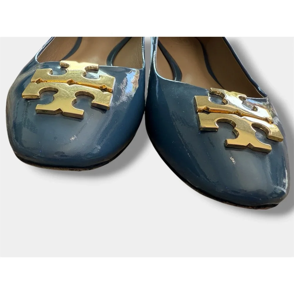 Tory Burch Reva Ballet Flats sz 7M Blue Patent Leather Gold Logo‎ Medallion Good